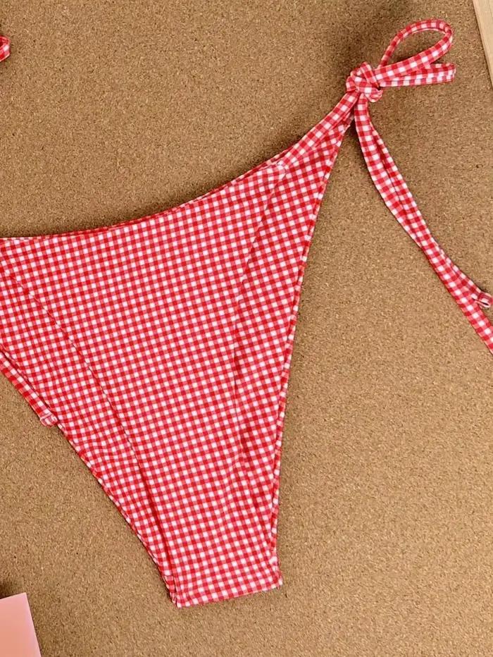 Ensemble de bikini à carreaux rouges mignons - Maillot de bain 2 pièces avec haut triangle et bas à nouer sur les côtés pour les vacances d'été à la plage