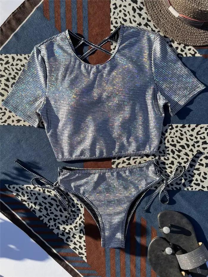 Maillot de bain deux pièces argenté à sequins pour femme élégante mode 2026 plage mariage vacances soirée piscine spa sources chaudes sports nautiques quotidien croisière