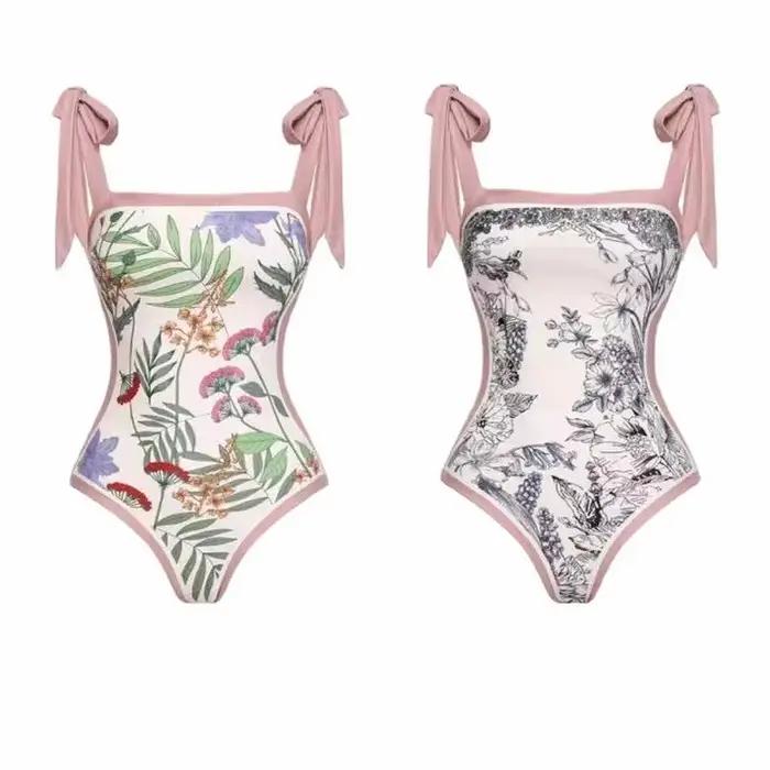 Maillot de bain une pièce à fleurs réversibles pour femmes avec jupe maillot de bain brésilien ensemble Bikini d'été nœud papillon 2025