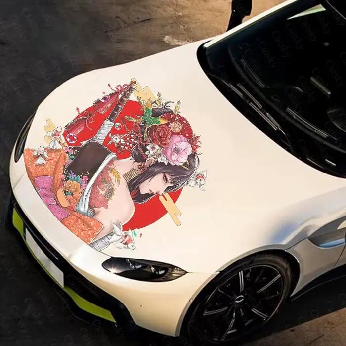 Autocollant de capot de voiture fleur de geisha japonaise, motif graphique, couleur, côté, maATM
