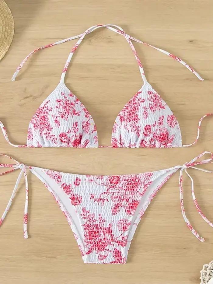 Sexy Floral Bikini 2 pièces ensemble femmes mode à lacets maillot de bain fendu dos nu plage Bikinis 2025 nouveau