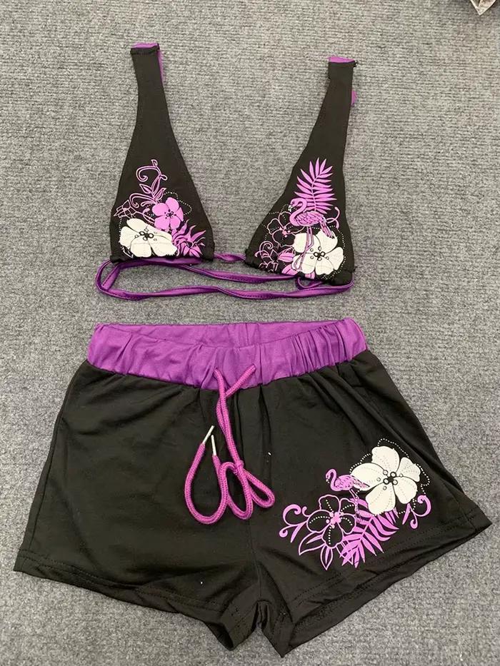 Été plage Ins mode chaude Sexy dames fendu deux pièces Bikini beau Vintage contraste fleur imprimé soutien-gorge à bretelles ensemble short et haut