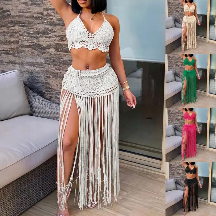 Haut de maillot de bain et jupe de plage à pampilles pour femmes, crochet solide, évider, couvertures, robe de bain imbibée, 2 pièces