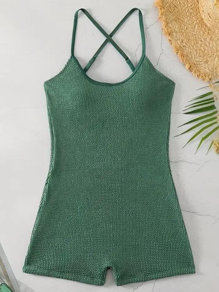 Maillot de bain une pièce femme 2026 Nouveau modèle uni côtelé à bretelles sexy Monokini short de plage