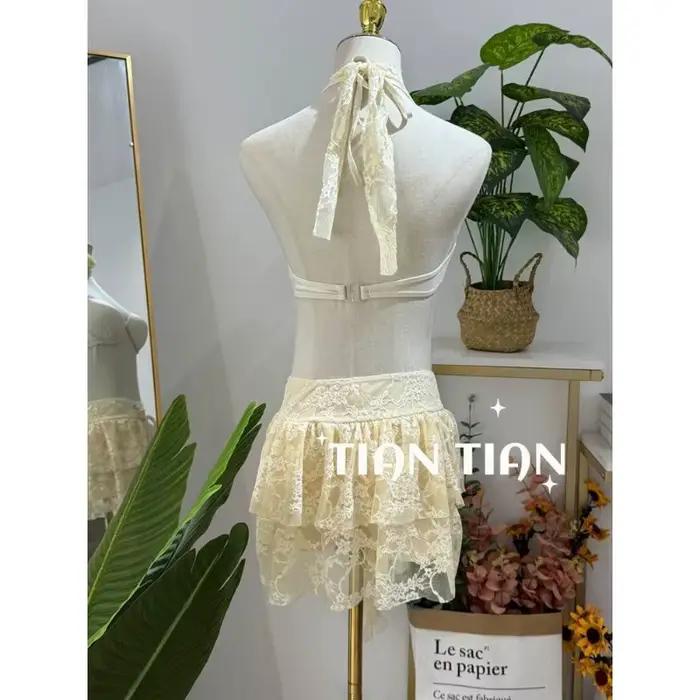 Ensemble de bikini trois pièces à armatures en dentelle rose style français