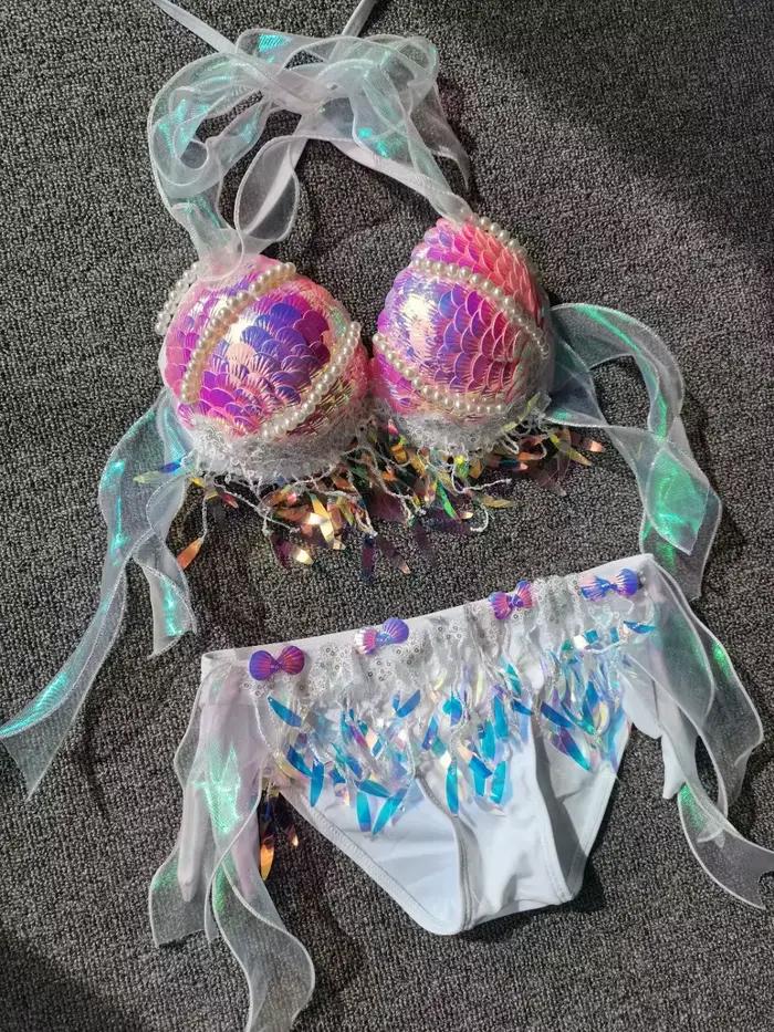 Nouveau sirène paillettes coquille haut de bikini gland or chaud soutien-gorge Oceanarium Bar Table Performance Costumes queue de poisson en cuir