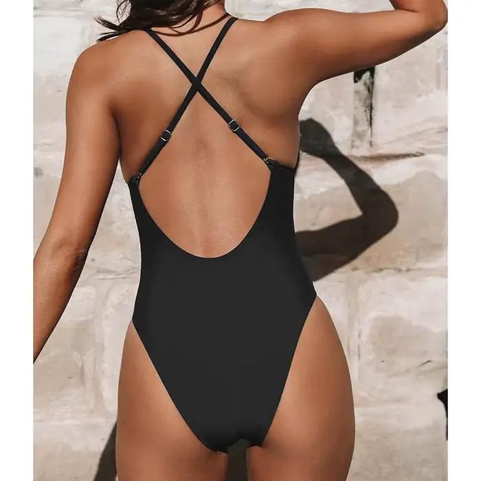 Sexy col en V profond maillot de bain femmes solide maigre jarretelle une pièce