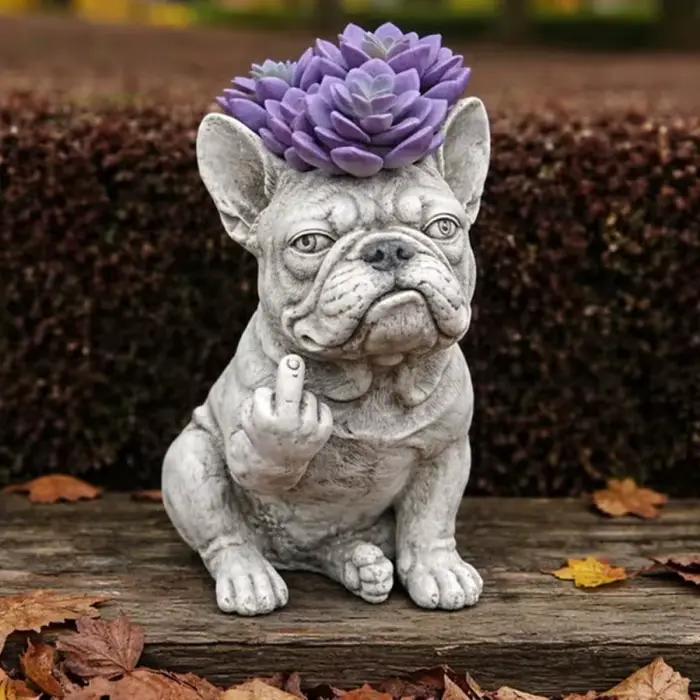 Pot de fleurs en résine en forme de bouledogue français grincheux, support de plantes élégant, ornement décoratif, décoration de jardin extérieur