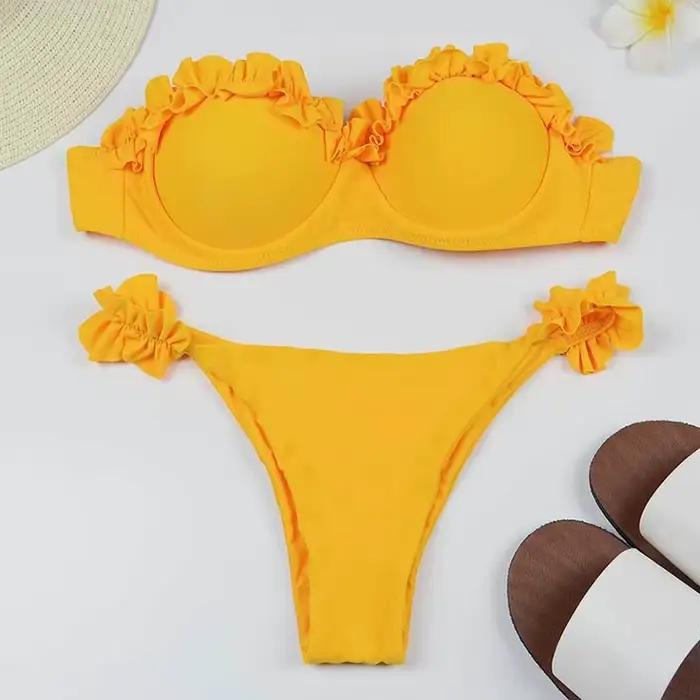 Solide Bikini ensemble femmes maillot de bain Chic volants Micro Bikini fendu maillot de bain été 2025 nouvelle plage épice fille 2 pièces maillots de bain