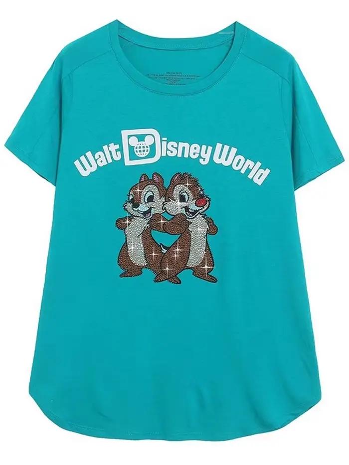 Disneyland Walt Disney puce du monde An' Dale dessin animé imprimé diamants T-Shirt décontracté femmes à manches courtes col rond pull T-Shirt hauts