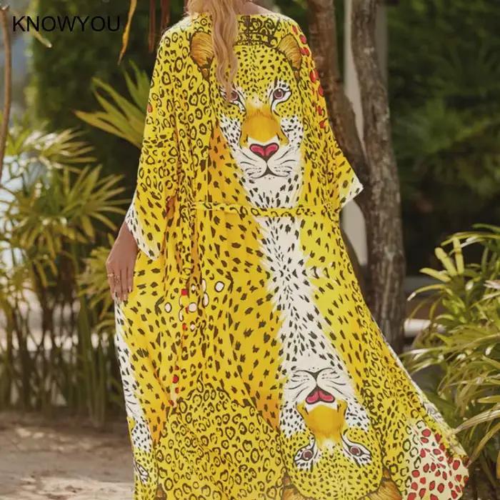 Beach Cover Ups Sexy imprimé léopard maillot de bain Cape femmes Long paréo auto ceinturé robes portefeuille vacances