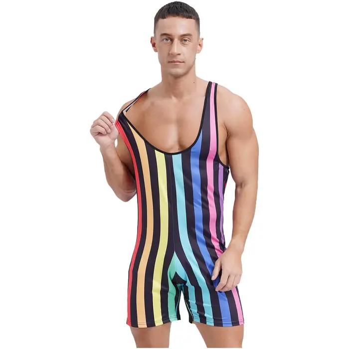 Maillot de bain une pièce pour homme, body rayé, justaucorps, combinaison de lutte, short de plage, combishort, vêtement de musculation