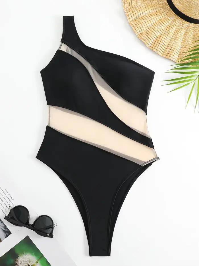 Sexy une épaule maillot de bain Transparent femmes Vintage maille Patchwork ventre contrôle une pièce