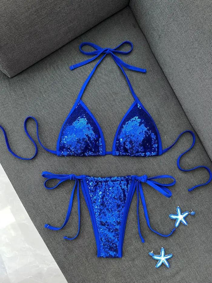 Ensemble bikini bleu à sequins brillants 2026 pour femme