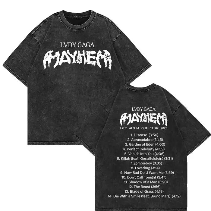 100% coton lavé à l'acide Vintage Lady Gaga Mayhem T-Shirt mode esthétique T-Shirt unisexe haute qualité rétro lavage minéral t-shirts