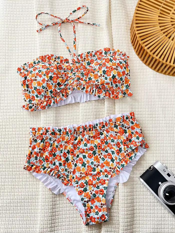 Imprimé fleuri Bandeau deux pièces Bikini ensemble épaules nues femme maillot de bain taille haute plissé pansement