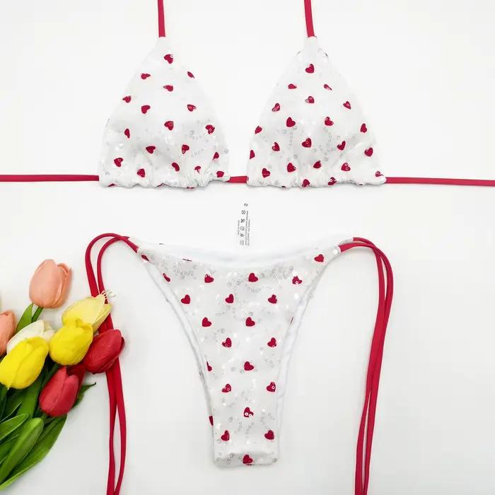 Bikini ensemble féminin aux paillettes scintillantes pour femmes, col triangulaire, avec pads, pour plage, vacances et activités nautiques