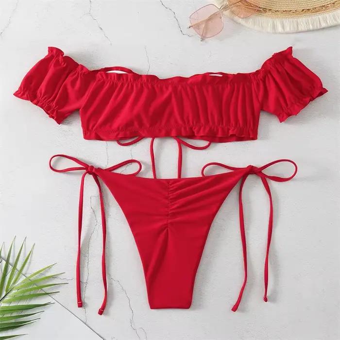 Sexy String Bikini 2024 Rouge Hors Épaule Maillot De Bain