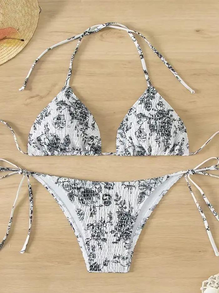 Sexy Floral Bikini 2 pièces ensemble femmes mode à lacets maillot de bain fendu dos nu plage Bikinis 2025 nouveau