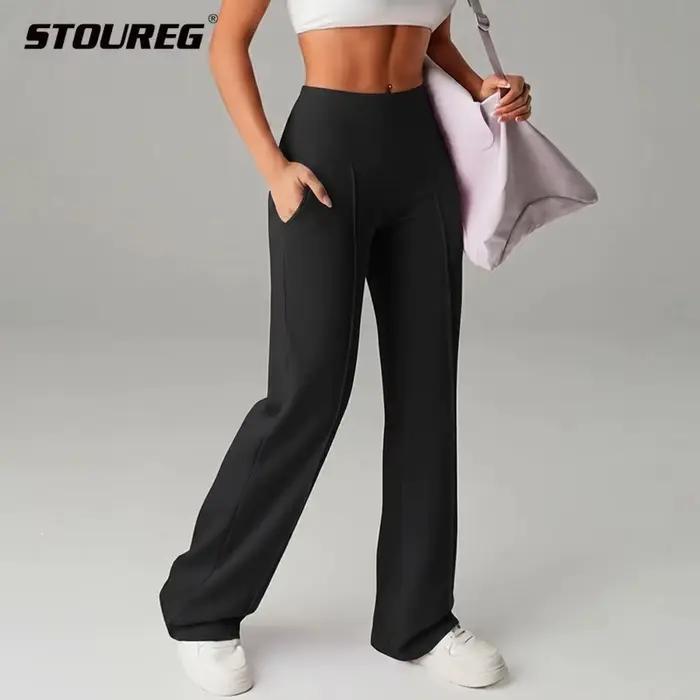 Pantalons de yoga taille haute pour femmes, pantalons de sport amples à jambes larges avec poches, adaptés à la course à pied et aux exercices en plein air