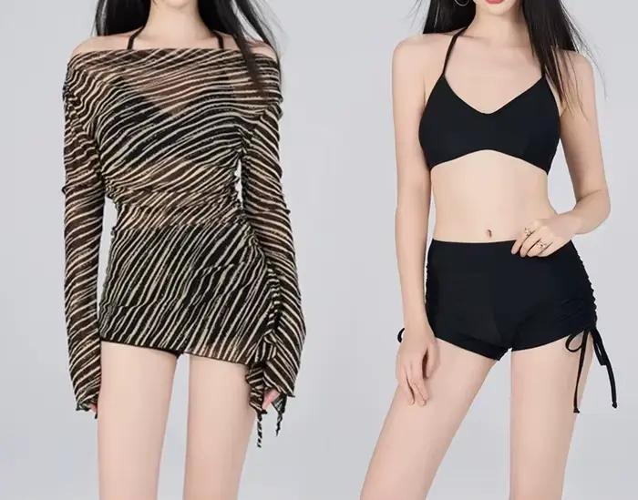 Maillot de bain femme trois pièces sexy rétro rayé avec cache-maillot à manches longues pour spa printemps été polyester ajustement lâche style basique