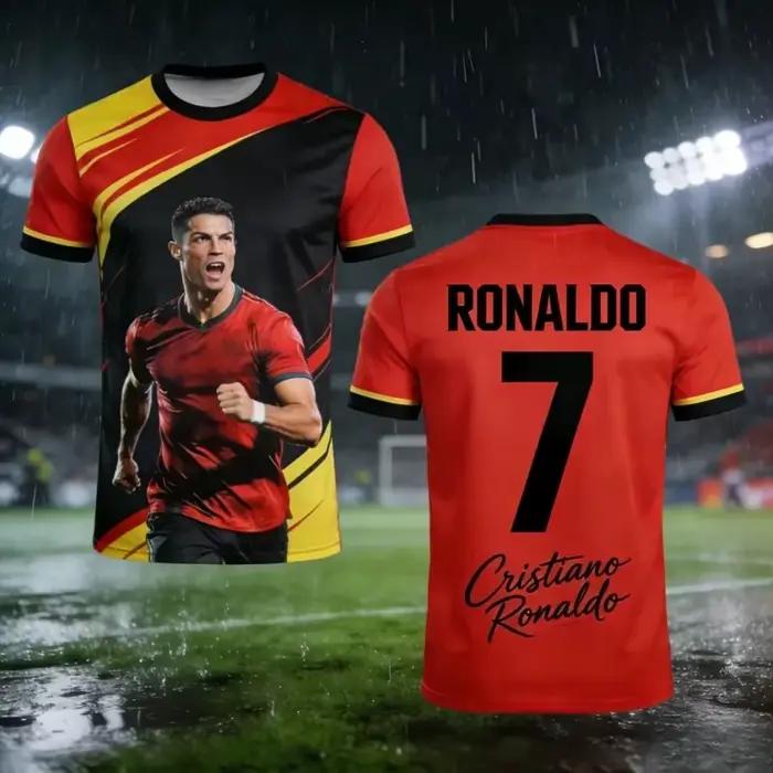 Maillot de football Portugal Ronaldo n°7 noir et or, manches raglan, signature, impression 3D intégrale, respirant, streetwear, t-shirt de sport unisexe