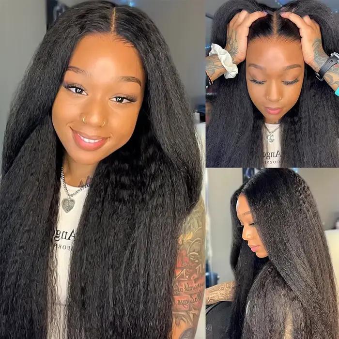 Perruques Lace Front Yaki Lisses Kinky 13x6 HD pour Femmes, Densité 200%, Noir Naturel, Perruques Synthétiques Lace Front Yaki pour Femmes