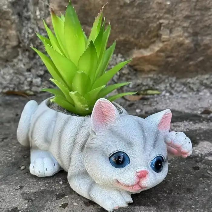 Pot fleur en forme félin mignon, conteneur jardinière en résine adapté aux petites plantes succulentes, décoration