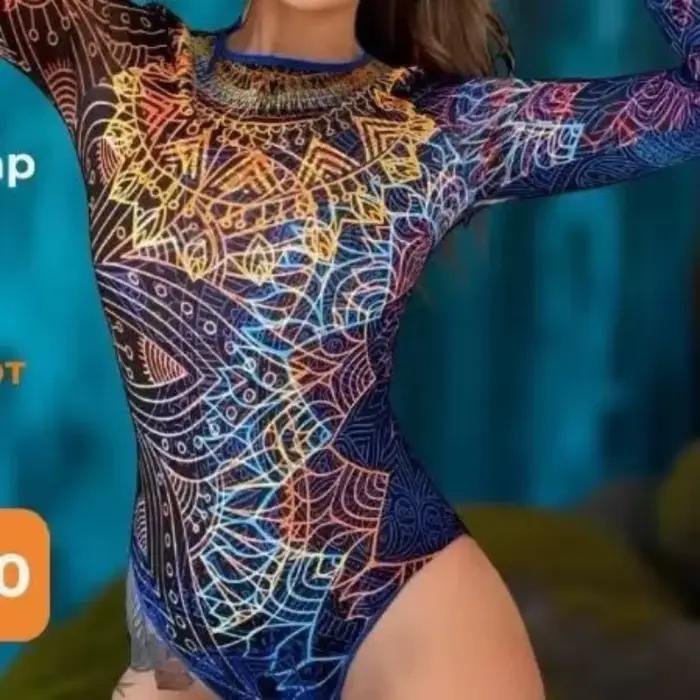 Maillot de bain une piece sexy imprimé manches longues pour femmes protection solaire tissu maillé nouvelle mode floral occassions estivales