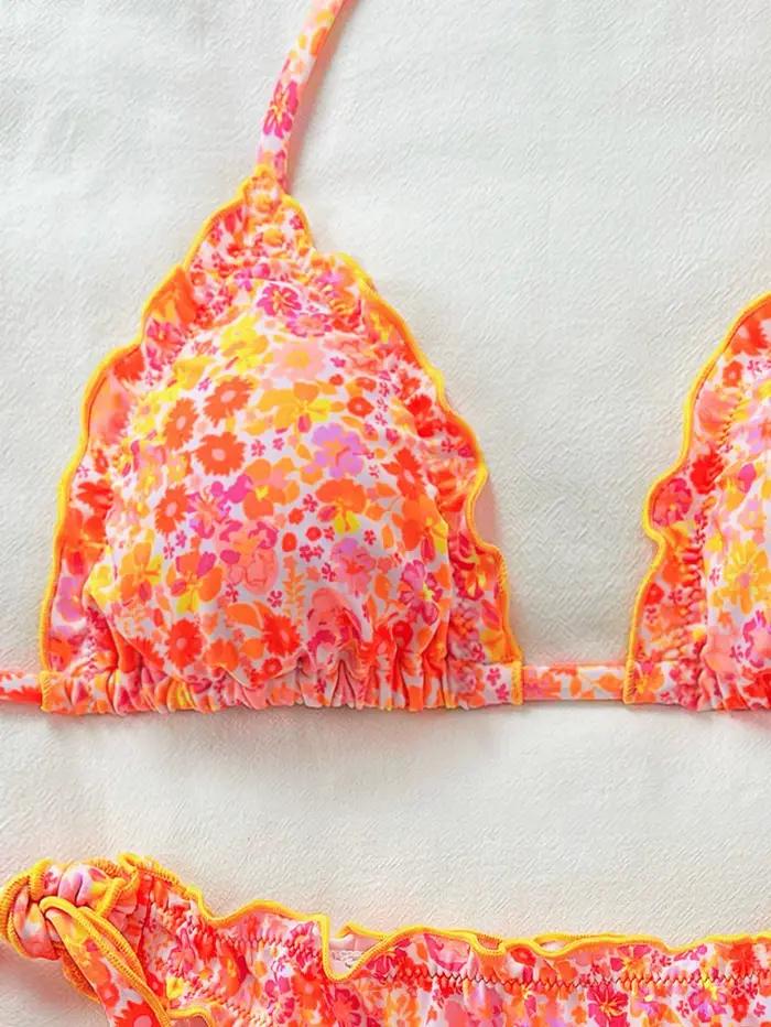 Ensemble bikini floral orange pour femme, dos nu et volants, push-up, bikini haute taille, idéal pour la plage et les occasions spéciales