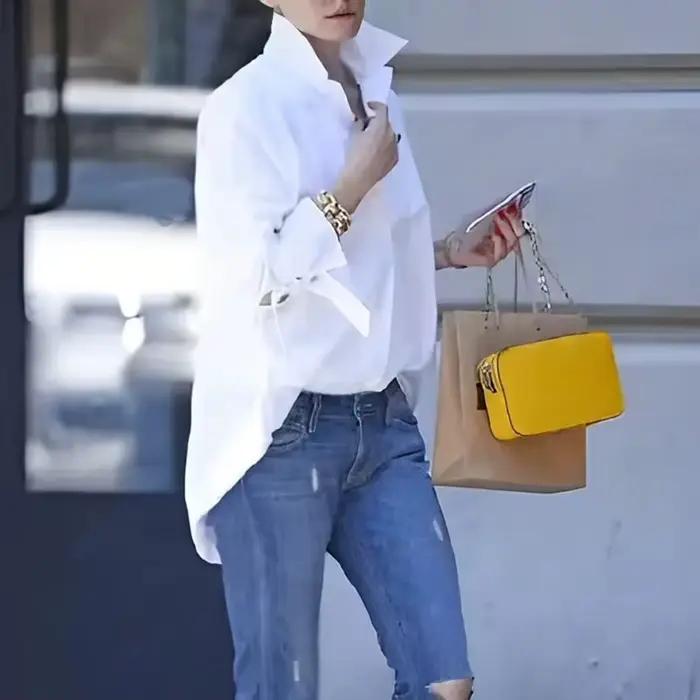 Chemise grande taille pour femmes, Style Simple et élégant, chemise ample à manches longues à revers de couleur unie, adaptée aux vêtements de travail et aux sorties