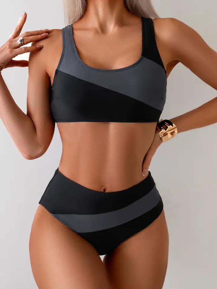 Bikini Sportif Deux Pièces Femme Blocs de Couleurs Taille Haute Plage Vacances Activités Nautiques