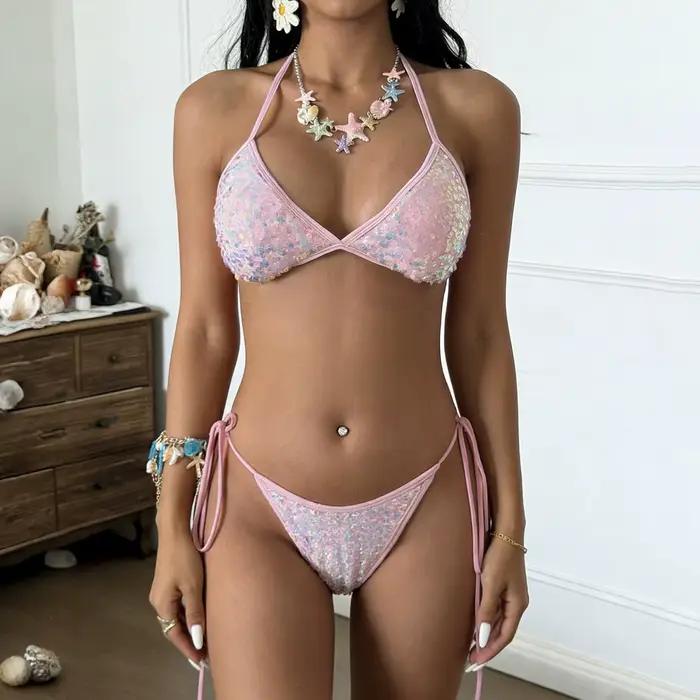 Ensemble de bikini sexy en dentelle rose à lacets pour les vacances à la plage