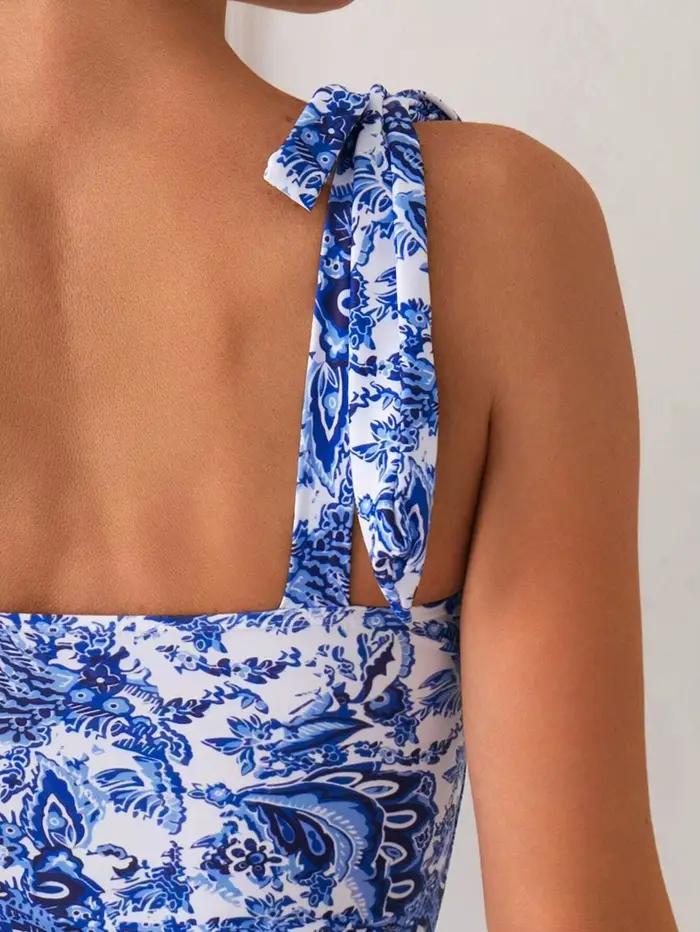 Vintage bleu imprimé fleuri une pièce maillot de bain 2025 femmes cravate sangle V fil mince ventre contrôle maillots
