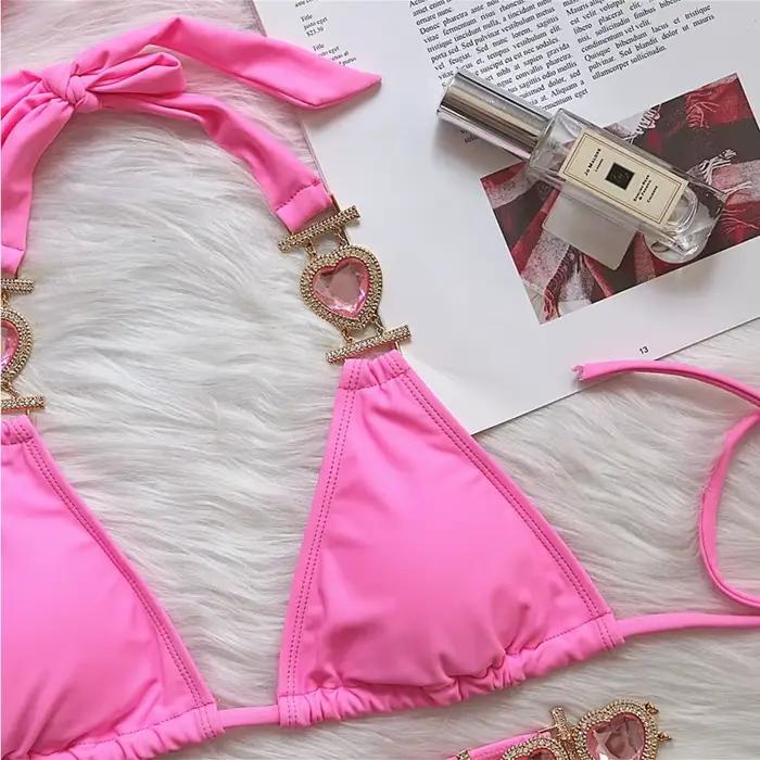 Rose Sexy Bikinis maillot de bain avec coeur strass femmes maillots
