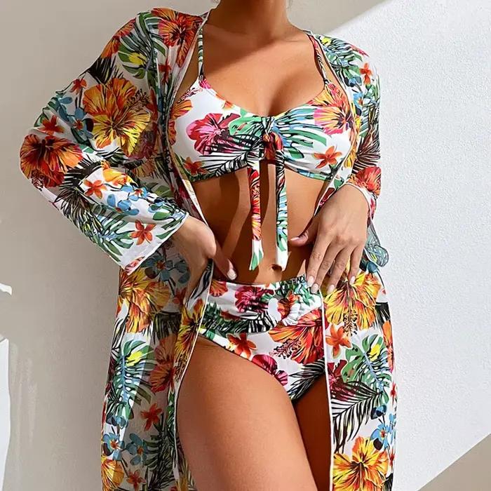 Maillot de bain 3 pièces imprimé floral sexy taille haute ensemble deux pièces pour femmes avec chemisier en maille à manches longues style jeunesse été 2025 garantie de haute qualité