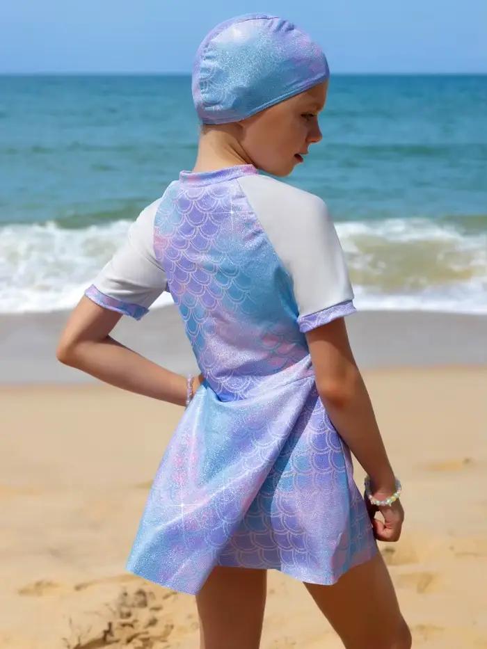 Maillot de bain deux pièces femme 2026 Nouveau imprimé sirène Robe à manches courtes
