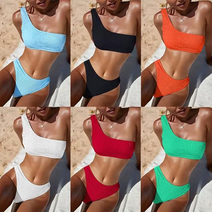Une épaule Bikini texturé maillots de bain coupe haute maillot