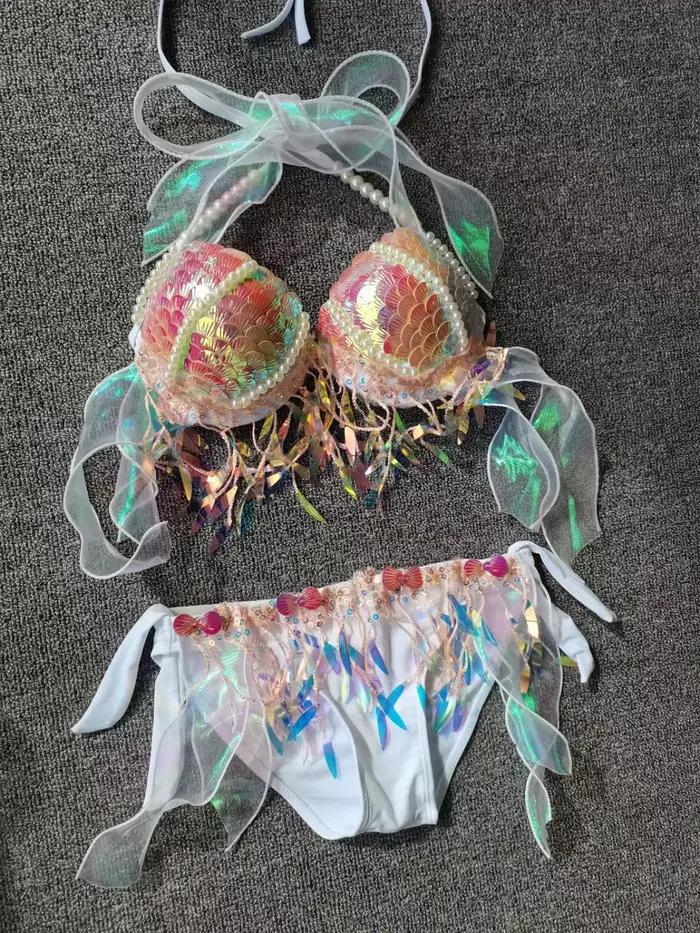 Nouveau sirène paillettes coquille haut de bikini gland or chaud soutien-gorge Oceanarium Bar Table Performance Costumes queue de poisson en cuir