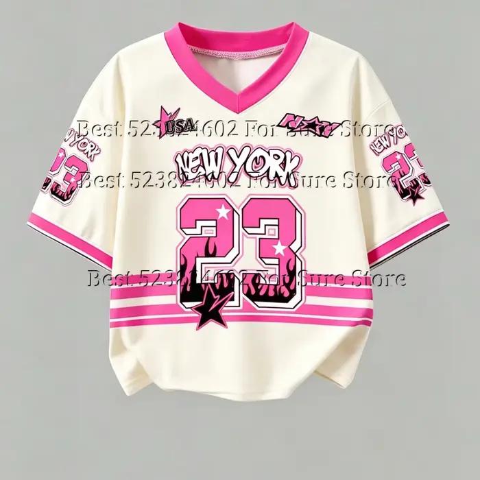 T-shirt court vintage rose et noir contrastant pour femme, motif New York 23, col en V, style Y2K Hip Hop Street, décontracté, été