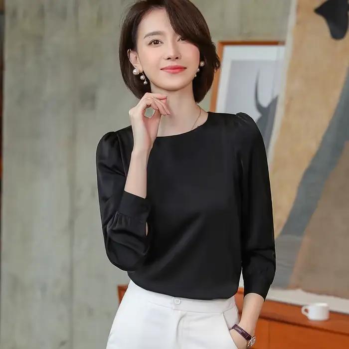 Chemise blanche à manches longues et col rond pour femme, chemisiers en mousseline de soie, bureau, travail à fond, bleu marine, nouvelle mode, printemps, 2022