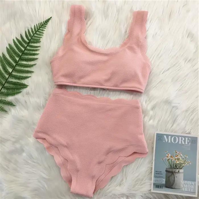 2025 nouvelles femmes maillot de bain festonné taille haute Bikini ensemble solide deux pièces grande