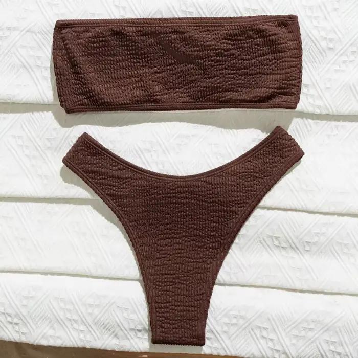 Ensemble de bikinis bandeau côtelés couleur café