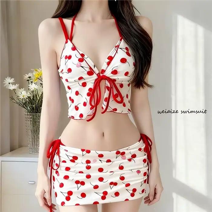 Maillot de bain quatre pièces Cherry Bikini pour femme, nouveau style, sexy, pour jeune fille, sensation haut de gamme, idéal pour les sources chaudes