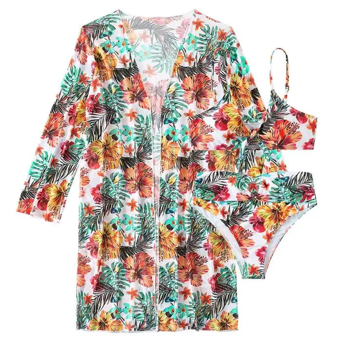 Maillot de bain 3 pièces imprimé floral sexy taille haute ensemble deux pièces pour femmes avec chemisier en maille à manches longues style jeunesse été 2025 garantie de haute qualité