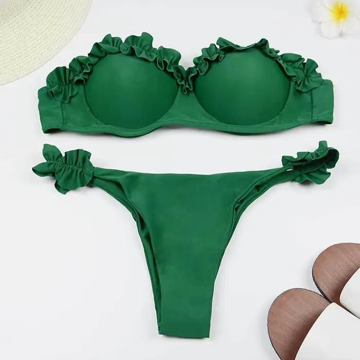 Solide Bikini ensemble femmes maillot de bain Chic volants Micro Bikini fendu maillot de bain été 2025 nouvelle plage épice fille 2 pièces maillots de bain