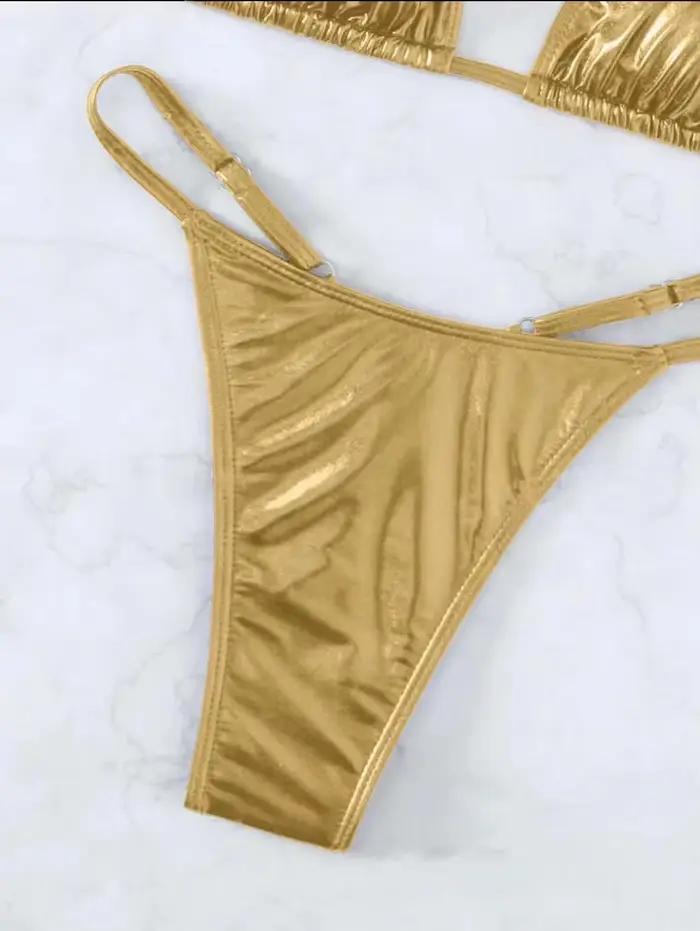 Sexy métallique or paillettes licou Bikinis ensembles deux pièces femmes string pansement maillot de bain femme