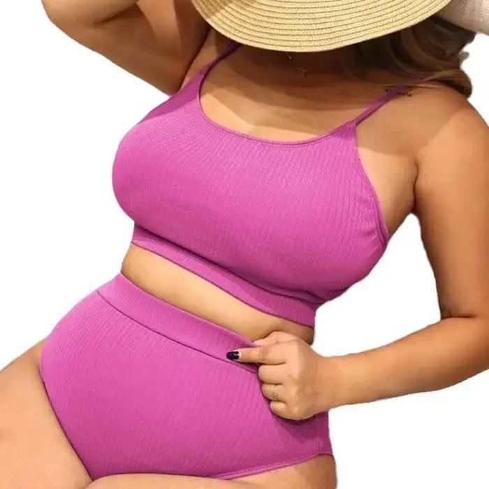‌ 2025 nouveau 4XL femmes grande taille Bikini ensemble deux pièces couleur unie maillot de bain pour vacances ventre