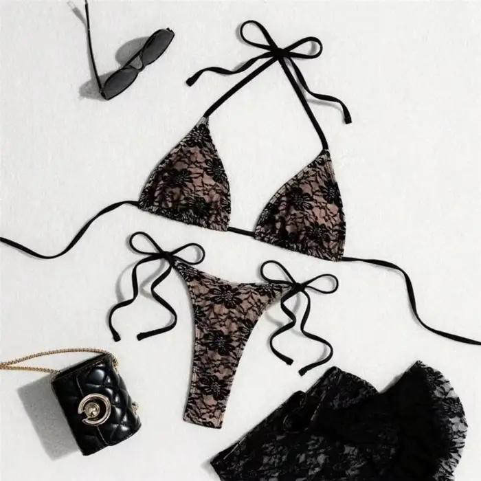 Triangle String licou Bikinis ensembles 3 pièces noir dentelle maille maillots de bain