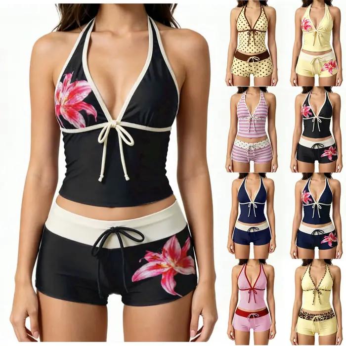 Tankini pour femmes, ensemble de bikini 2 pièces, haut de tankini avec short, maillot de bain mignon à pois, ensembles de bikini sans bretelles pour femmes